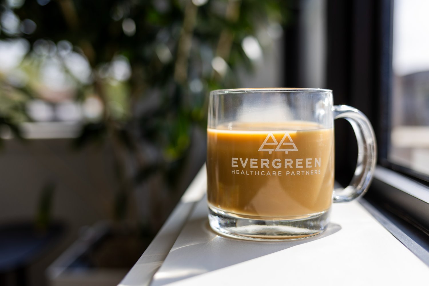 Evergreen Healthcare Partners branded coffee mug on a sunlit windowsill